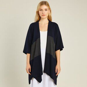 St. John Blue Gray Colorblock Knit Open Front Sweater Poncho One Size #9456